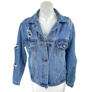 Forever 21 Women Blue Long Sleeve Distressed Button Up Denim Jean Jacket Size S